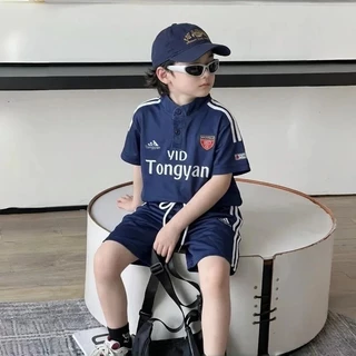 ชุดลำลองแฟชั่นสำหรับเด็ก เสื้อแขนสั้นคอตั้ง เสื้อแขนสั้น+กางเกงขาสั้น ชุดกีฬาสำหรับเด็ก ดีไซน์สไตล์เกาหลี