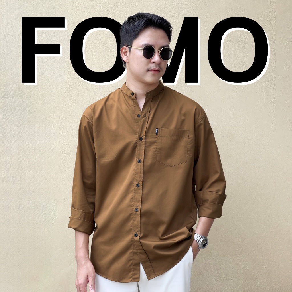 FOMO-เสื้อเชิ้ตคอจีน สีคาปูชิโน่  โทนสีน้ำตาล เสื้อเชิ้ตคอจีน เสื้อคอจีน เสื้อสีเอิร์ทโทน  Man ผู้ชา