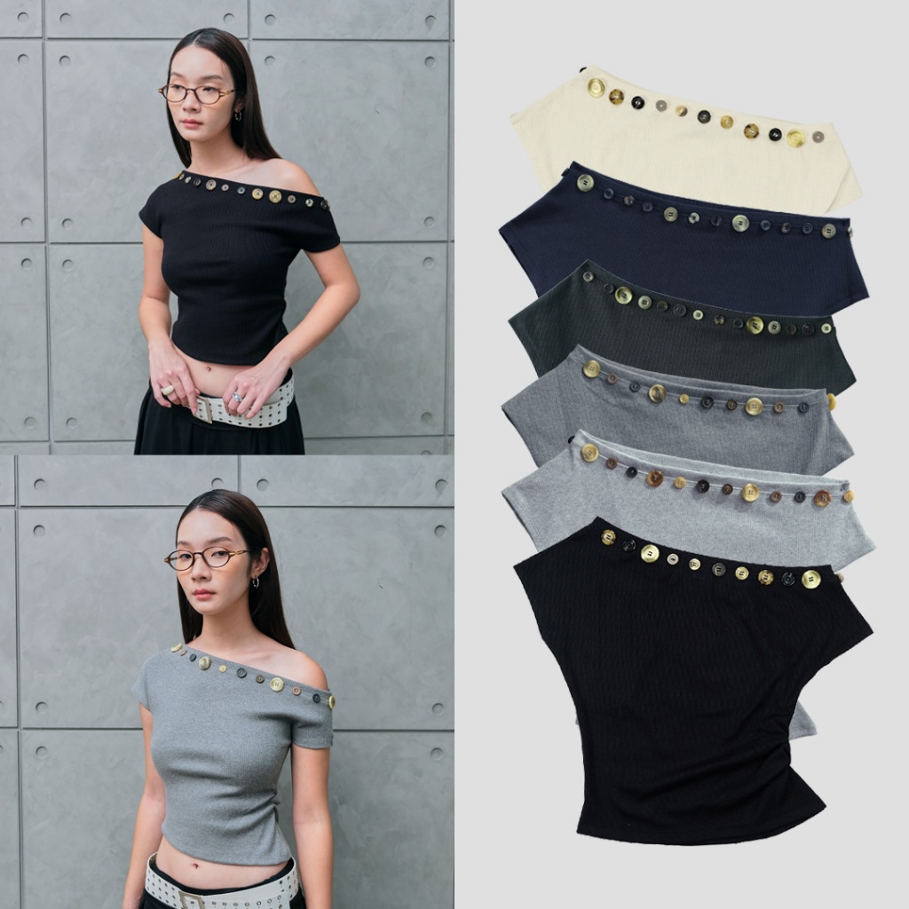 Garcon Random buttons Off shoulder | เสื้อปาดไหล่ปักกระดุม