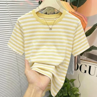 เสื้อยืดลายทางสีเขียว คลาสสิกสไตล์เกาหลี ผ้านุ่มใส่สบายๆ เหมาะใส่ทุกโอกาส