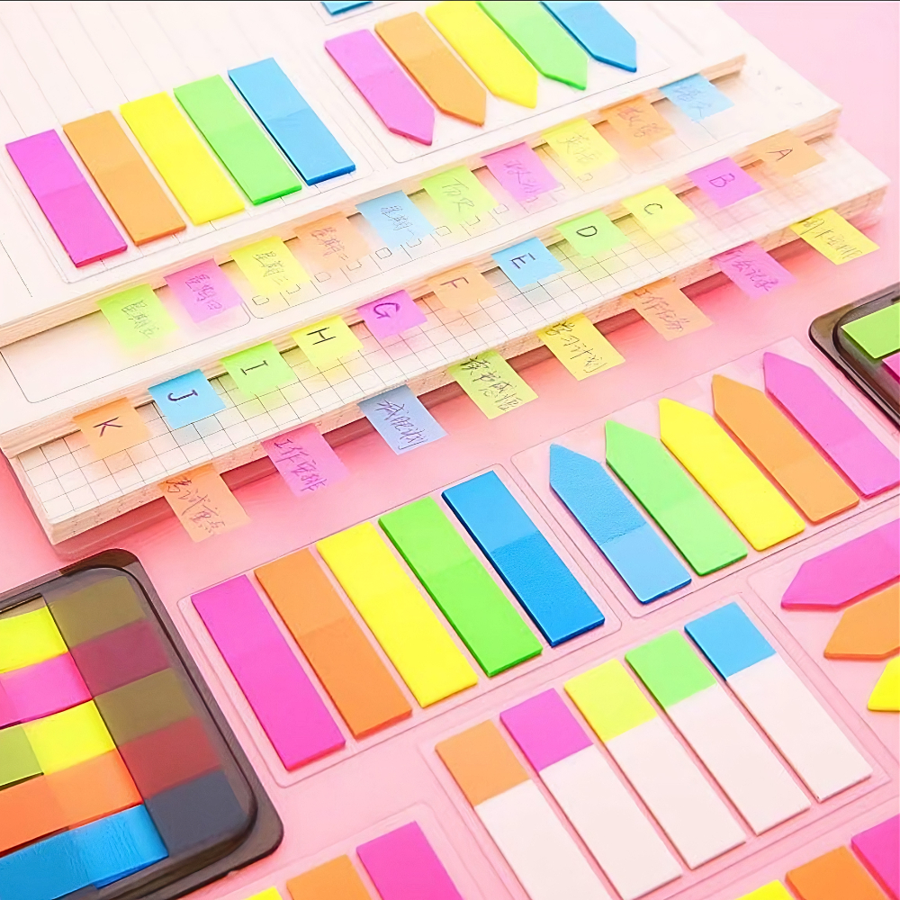 สติ๊กเกอร์โน๊ต สีสะท้อนแสง ที่คั่นหน้ากระดาษ แบบพลาสติกมีแถบกาว สีสันสดใส (SET 5 สี / สีละ20แผ่น)