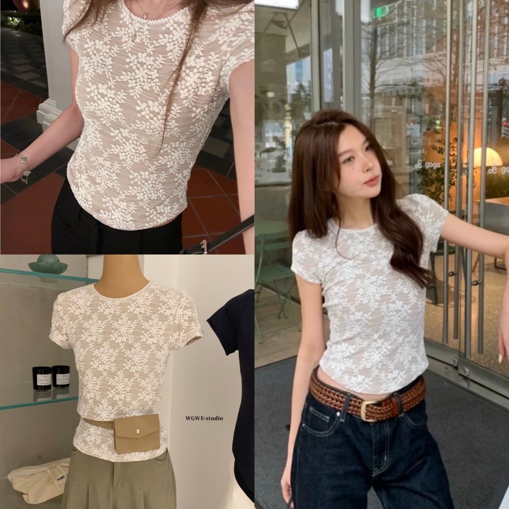 Floral Lace Sheer Top เสื้อลูกไม้คอกลมแขนสั้น