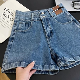 S~5XL A-line straight shorts Blue Black กางเกงขาสั้นเอวสูงดีไซน์กระดุมสองแถวสีน้ำเงินสุดเก๋ กางเกงยีนส์ขาสั้นทรงหลวม HOT
