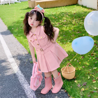 PRINCESS KESLI ชุดเดรสเด็กไม่มีแขน สีชมพู ชุดเด็กผู้หญิง ชุดเด็กเกาหลี เสื้อผ้าเด็ก 2-9ปี