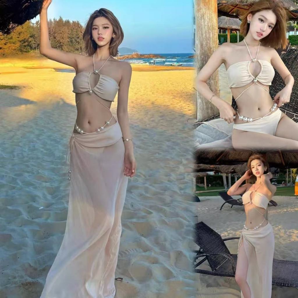 Beach Bikini💛ชุดว่ายน้ำผู้หญิง บิกินี่เกาะอกประดับมุก ชุดเดรสยาวผ้าทูลล์ รุ่นใหม่ เซ็กซี่ beach