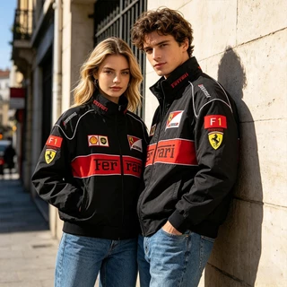 [พร้อมส่ง]Ferrari F1 เสื้อแจ็กเก็ตรถแข่งย้อนยุค เสื้อโค้ทแขนยาวผู้หญิง ปักลายงานสวย ผ้าหนานุ่ม มีซิปใส่ได้ทั้งชายและหญิง