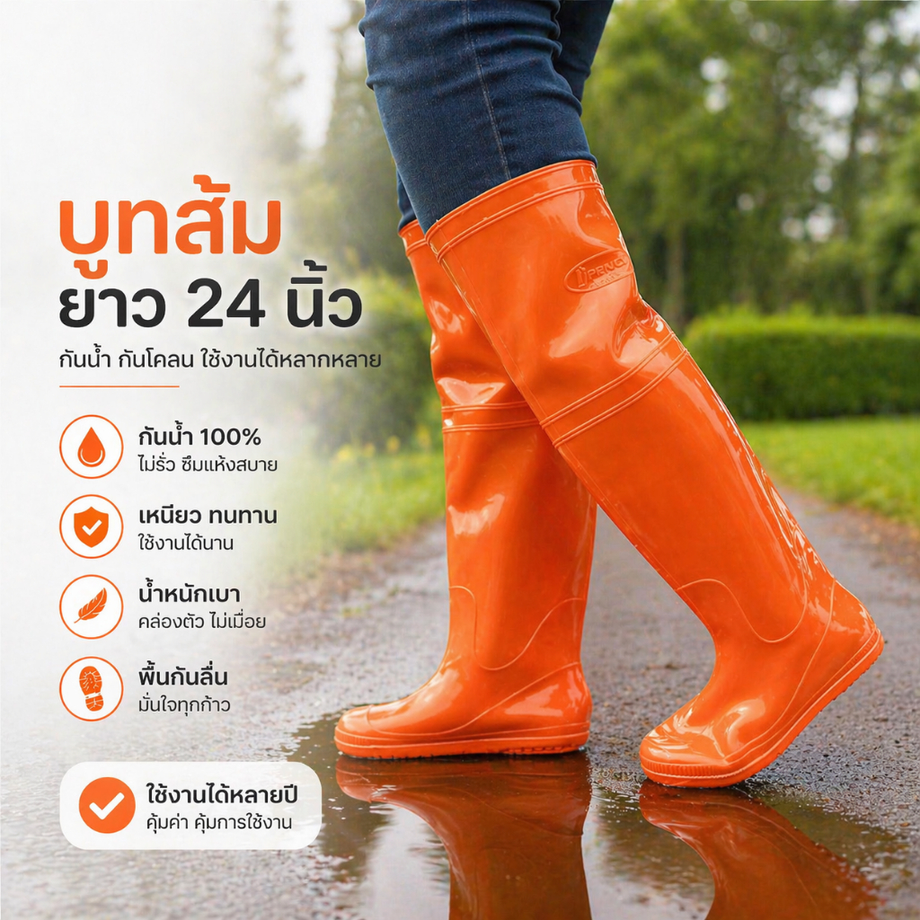 บูทส้ม ยาว 24 นิ้ว รองเท้าบูทยาวกันน้ำ กันเชื้อโรค สารเคมี ใส่ในโรงงาน ลุยน้ำ ลงนา รองเท้า