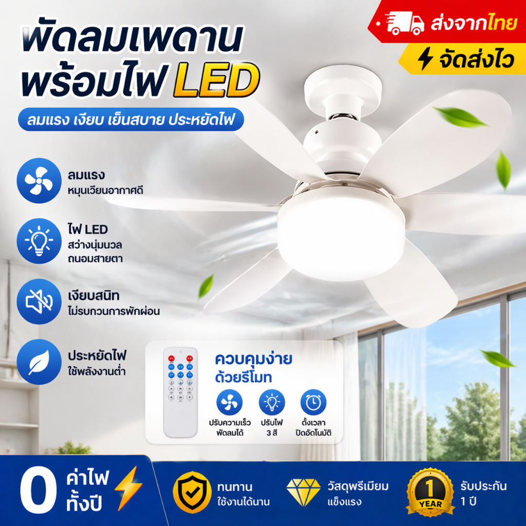 ไฟพัดลม E27 พัดลมเพดาน พัดลมโคมไฟ หลอดไฟพัดลมพร้อมหลอดไฟ โคมไฟพัดลม Led 40W ปรับแสง 3 สีด้วยรีโมท