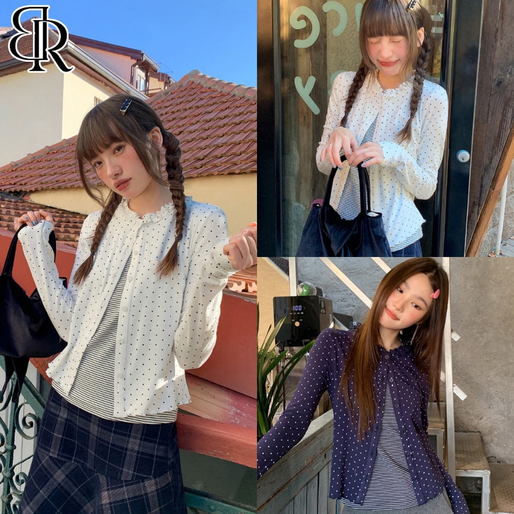 B&R พร้อมส่ง เสื้อยืดแขนยาวลายจุด  เสื้อระบายฤดูใบไม้ร่วง ทรงเข้ารูป สไตล์เกาหลีน่ารัก ขนาด S-4XL