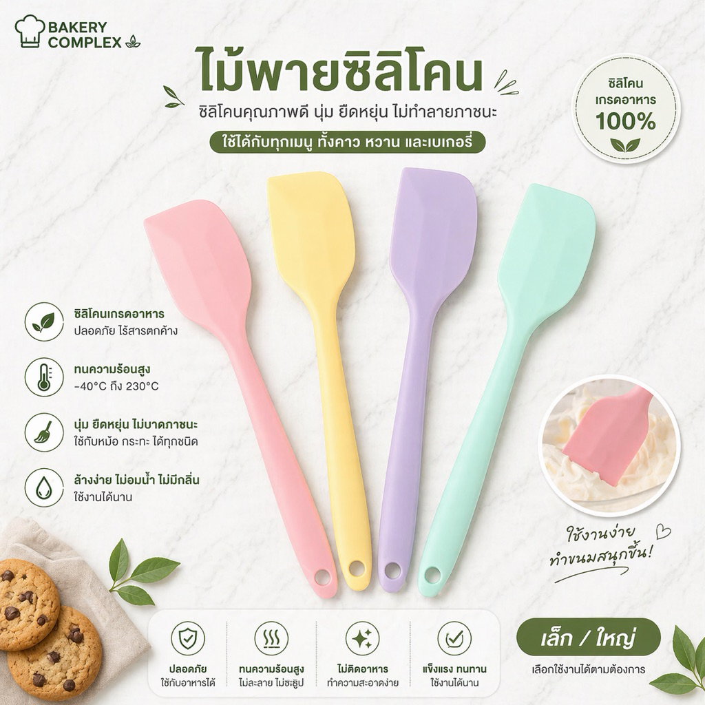 🚚ส่งฟรี🔥 ไม้พายซิลิโคน เกรดอาหาร ทนความร้อน ไม่ติดกระทะ ใช้ทำขนม เบเกอรี่ (คละสีให้)