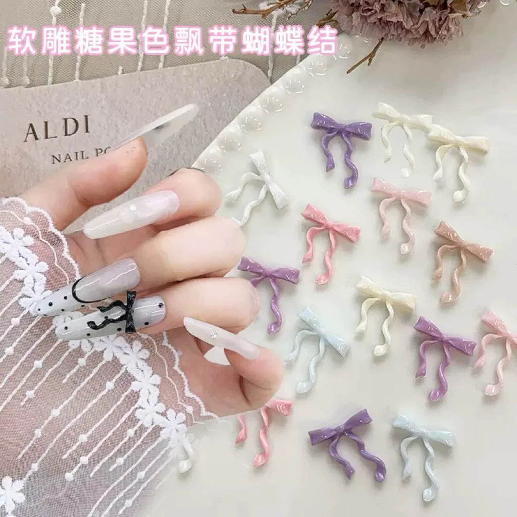 อะไหล่โบว์หางยาว ตกแต่งหน้าเล็บ สีพาสเทลคละ 30ชิ้น/ห่อ สินค้าพร้อมส่ง