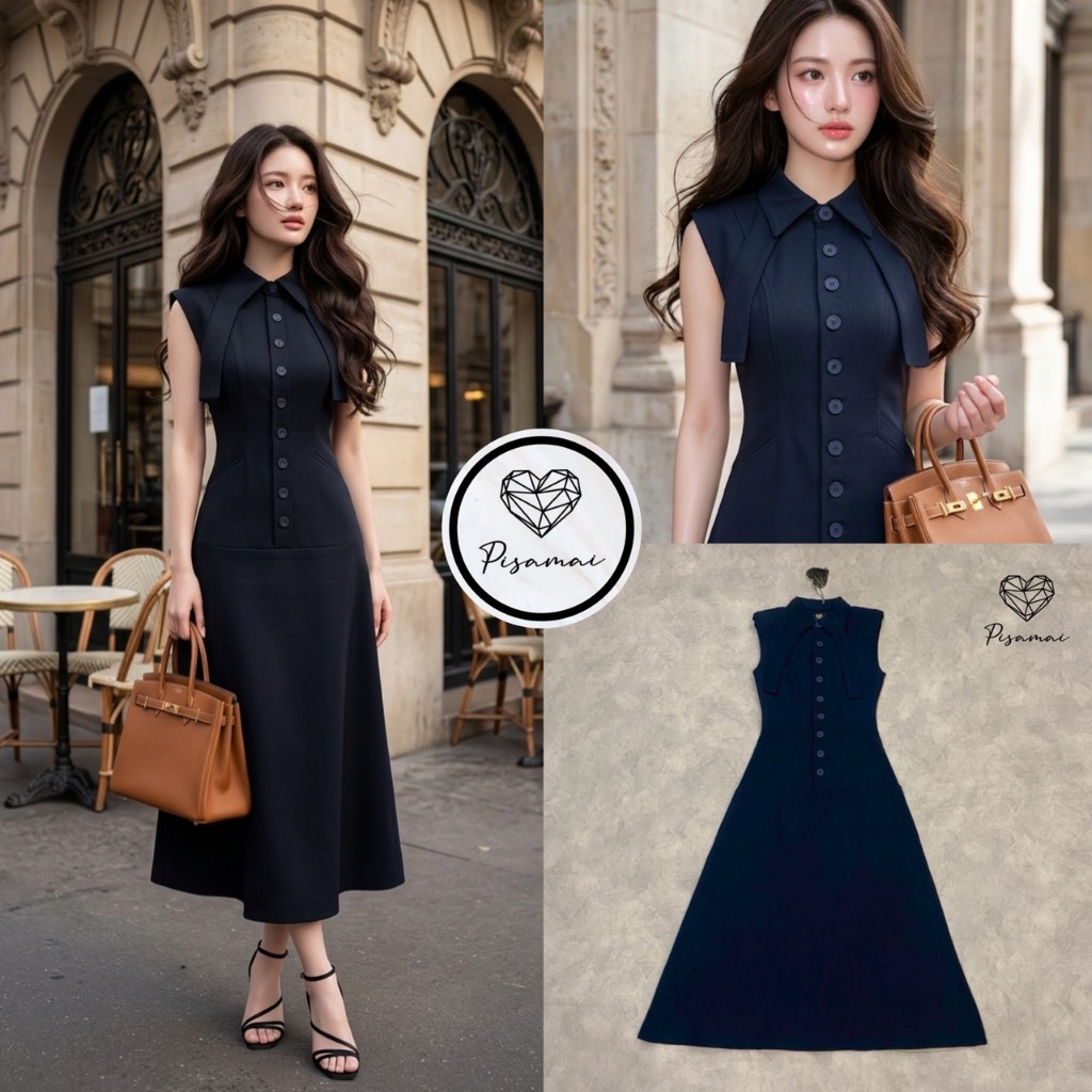 PISAMAI BRAND PSM072 ชุดเดรสแขนกุดสีดำตัวยาวทรงคอปกแหลม