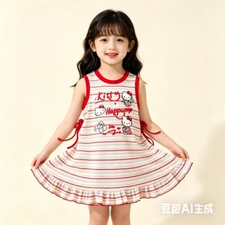 BB254 เดรสเด็กผู้หญิงลายคิตตี้ แขนกุด ลายทาง แต่งโบว์ข้าง น่ารักสดใส ใส่สบาย สไตล์เกาหลี