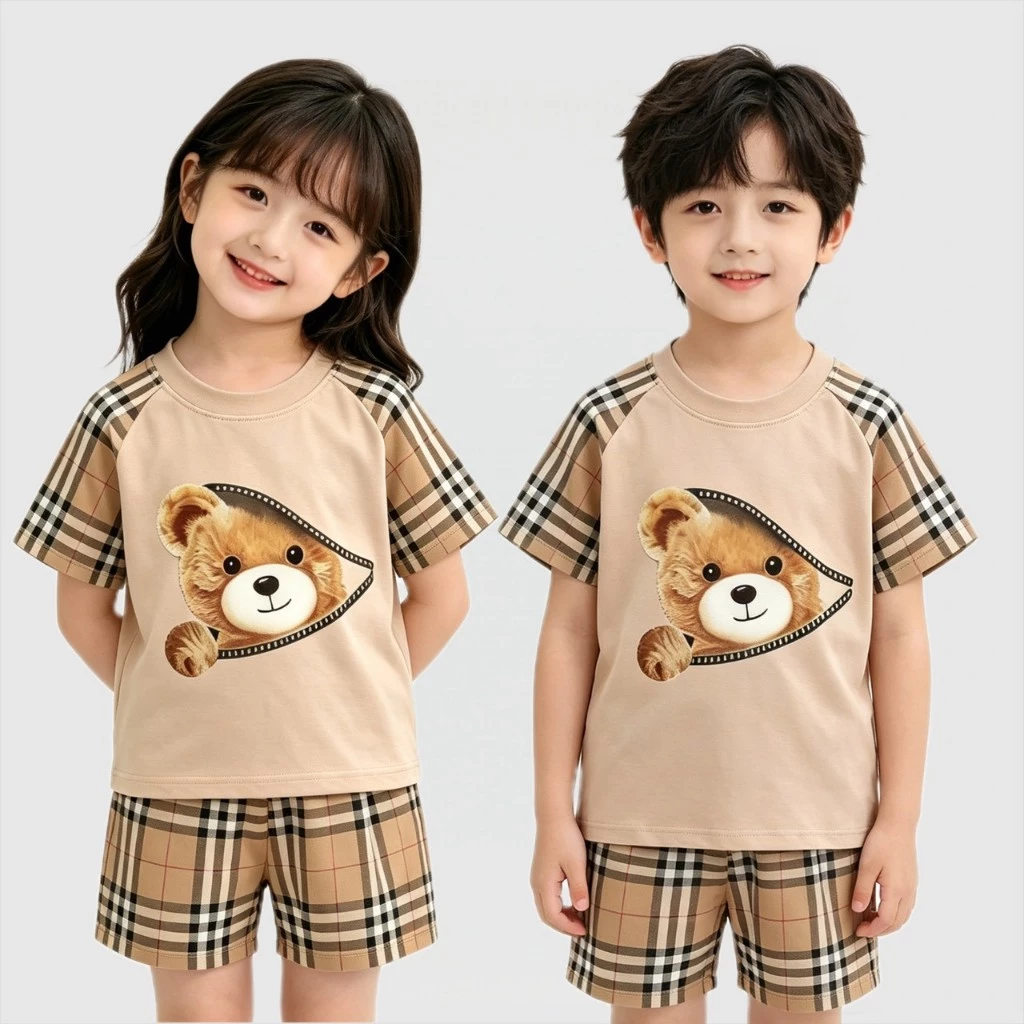 BB258 ชุดเด็กแฟชั่นหมีน้อย เสื้อแขนสั้นลายหมี + กางเกงขาสั้นลายตาราง ใส่ได้ทั้งเด็กหญิงเด็กชาย