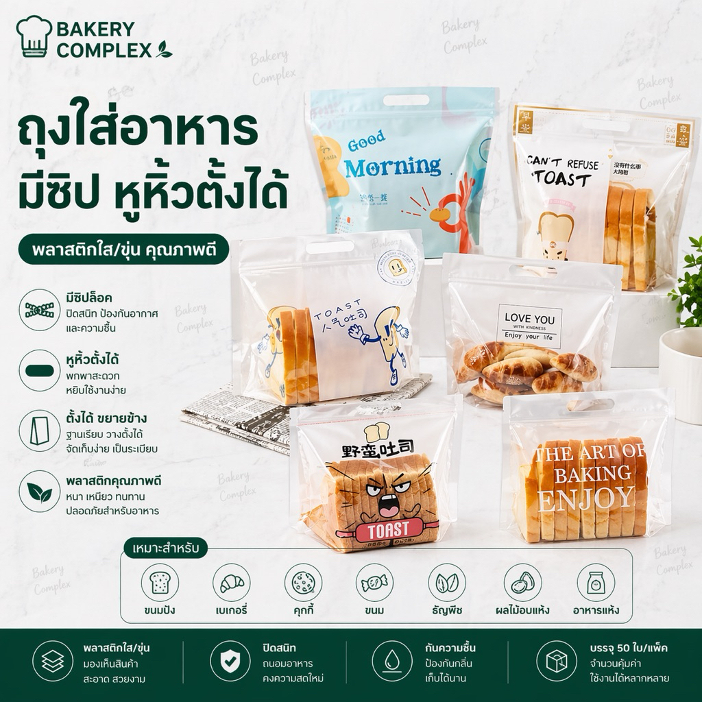 🚚ส่งฟรี🔥 ถุงใส่ขนมปังขนาด 450 กรัม ถุงแบบซิปล็อค 1เเพ็คจำนวน50 ใบ
