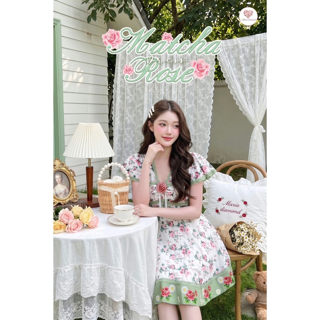 (มี3XL) สีมัจฉะ Matcha Rose Dress เดรสวินเทจผ้าชีฟองพิมพ์ลาย + เข็มกลัดดอกไม้ แต่งดีเทลปักปลายกระโปรง ซิปหลัง มีซับใน