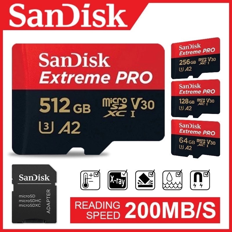 SanDisk Original Extreme Pro micro SD Card U3 อะแดปเตอร์ 1TB 512GB 256GB 128GB 64GB 32GB 4K V30 A2 รับประกัน