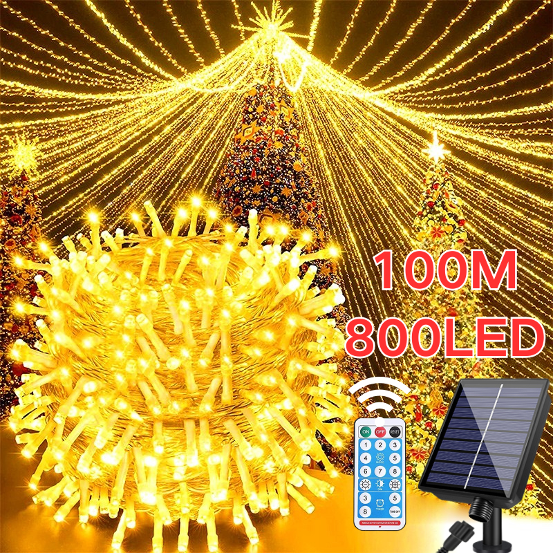 ไฟกระพริบโซล่าเซลล์ ไฟประดับโซล่าเซลล์ 100M/30M ไฟตกแต่ง แสงเหลือง ไฟ LED กันน้ำIP65 ตกเเต่งสวน คริสมาส ปาร์ตี้ ไฟปีใหม