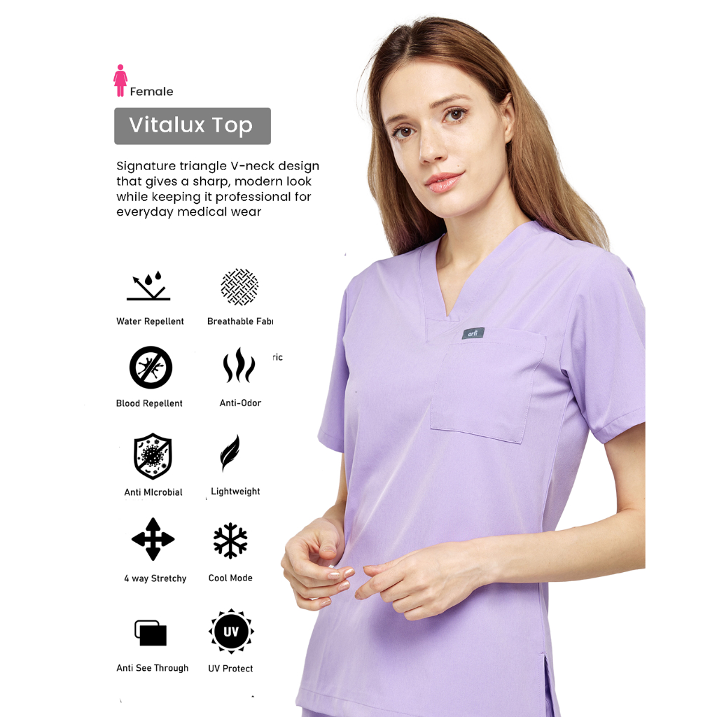 Arfi Scrub Vitalux Female Top เสื้อสครับรุ่นขาตรงผู้หญิง ผ้าสะท้อนน้ำ ป้องกันแบคทีเรีย ยับยาก ผ้ายืด