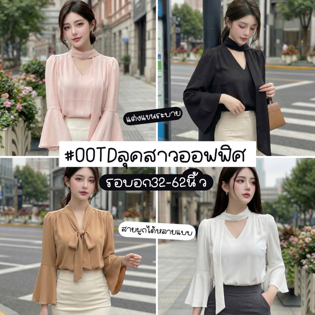 F04 [S - XXXXXL] เสื้อทำงานสาวอวบ สายผูกคอปรับได้หลายสไตล์ แขนระบาย ทรงสวยเรียบหรู ปลายแขนบานพริ้วสวยเพิ่มดีเทลให้กับลุค