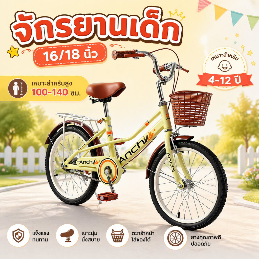 ANCHI จักรยานเด็ก  มีตะกร้า หน้า สำหรับเด็ก 100-140 ซม. โครงเหล็ก แข็งแรง ขี่สบาย ดีไซน์น่ารัก