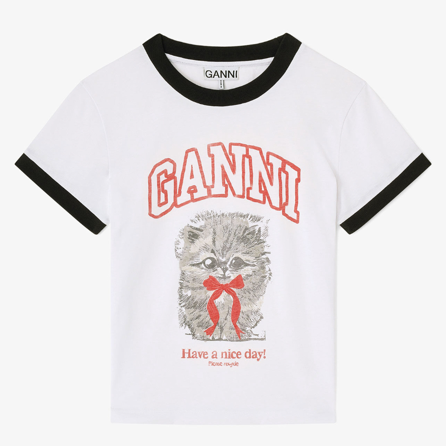 พรีออเดอร์ Ganni เสื้อยืดลายแมว รุ่น Basic Cotton Jersey Margot Kitty Print