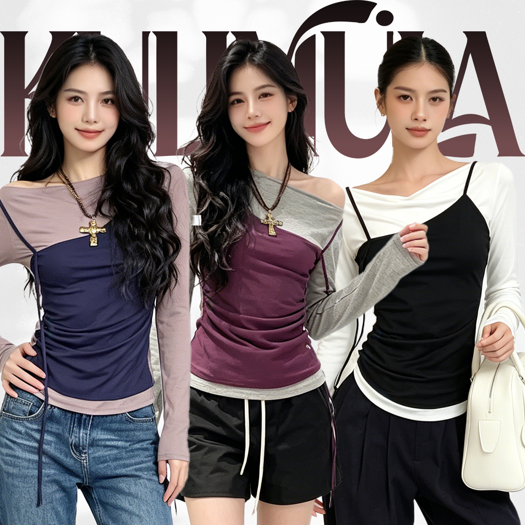 KULIMULA Faux Two-Piece Top เสื้อยาวแขนยาวคอเบี้ยวสองชั้น ทรงรูปปรับสัดส่วน 3สี ใส่ได้ทุกชุด YD20