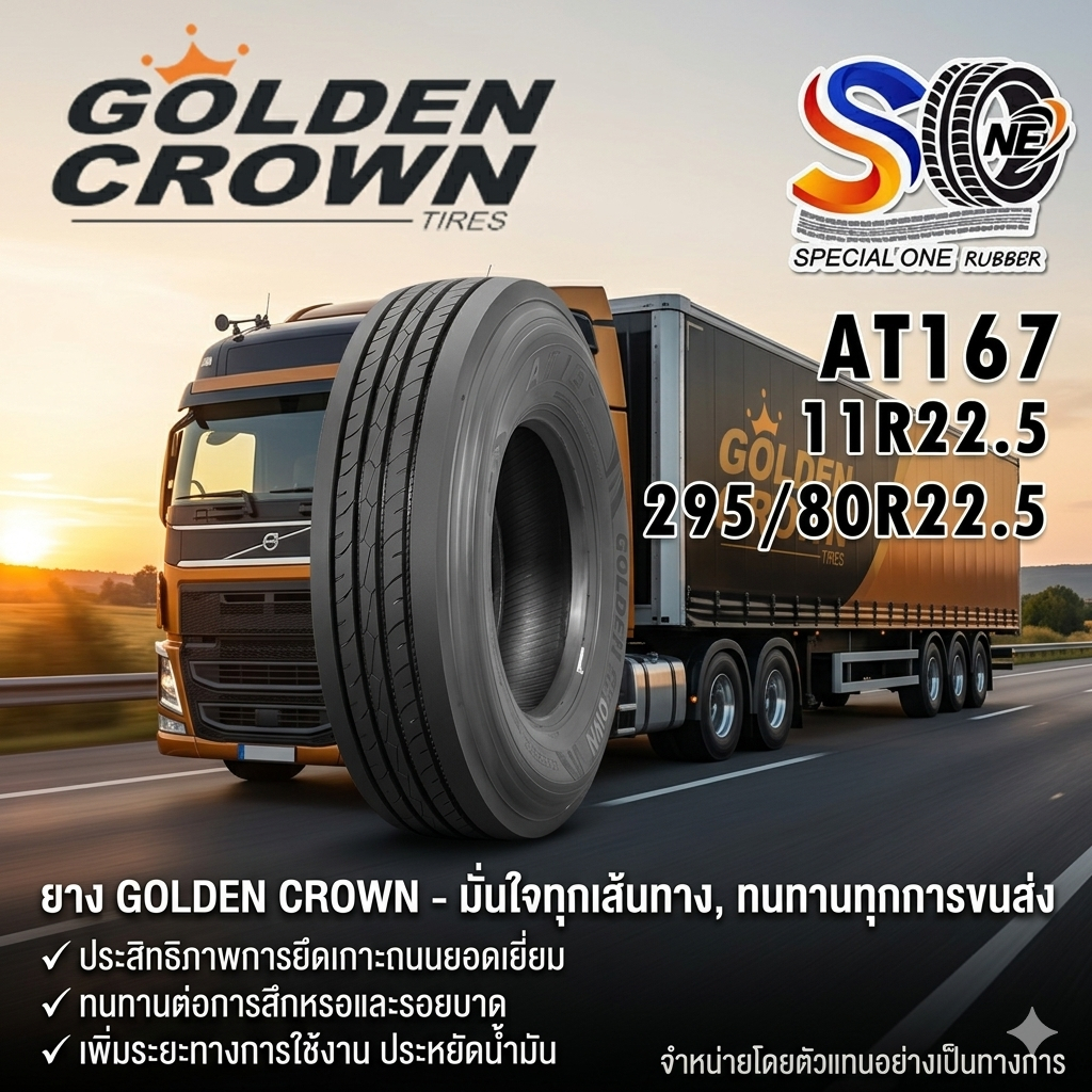 ยางรถบรรทุก เรเดียล ขนาด 11R22.5 ,295/80R22.5 รุ่น AT167 (ลายเรียบ) ยี่ห้อ GOLDEN CROWN