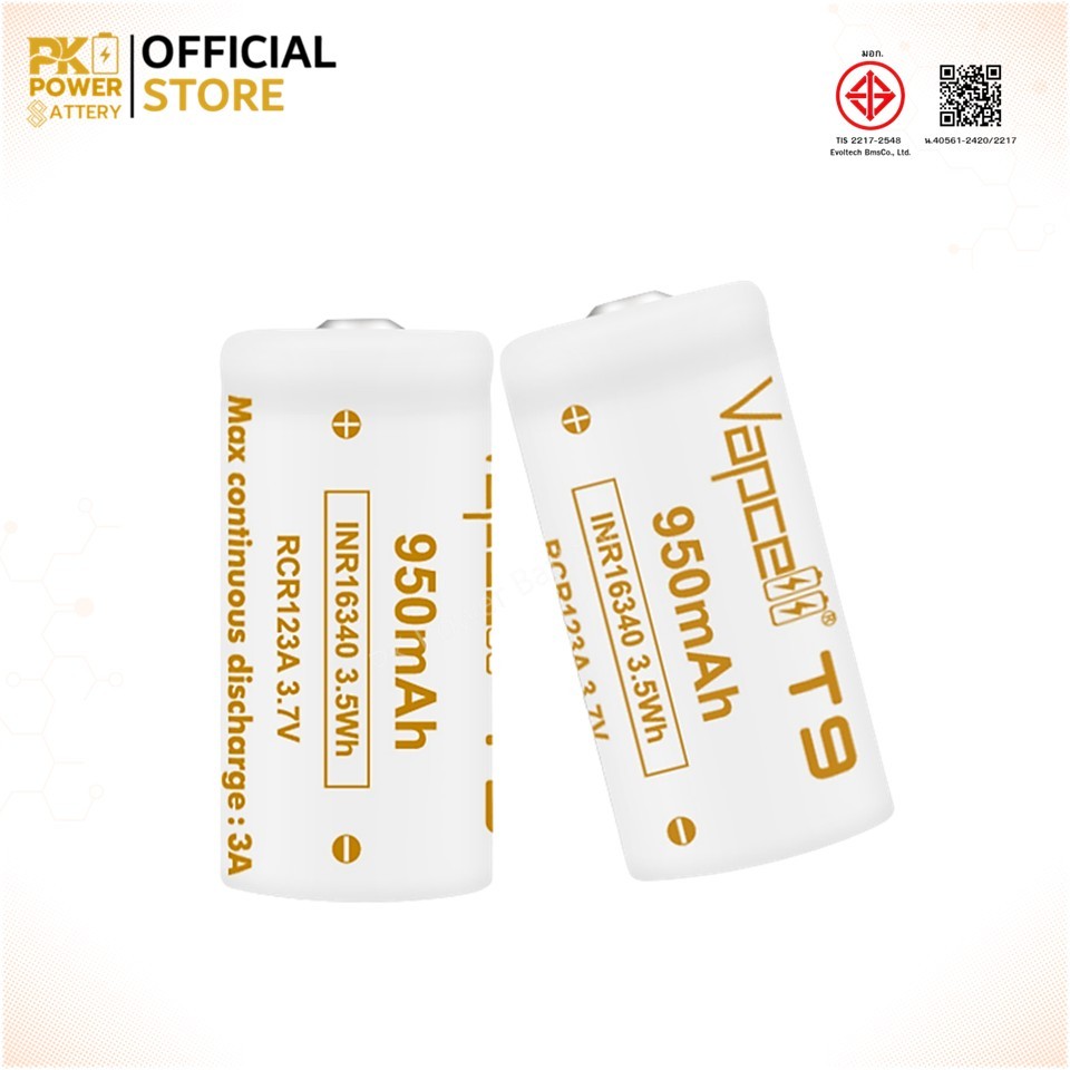 Vapcell ถ่านชาร์จ T9 16340 RCR123A 950mAh 3.7V แบตเตอรี่ลิเธียม ใช้กับไฟฉาย/กล้อง/ของเล่น