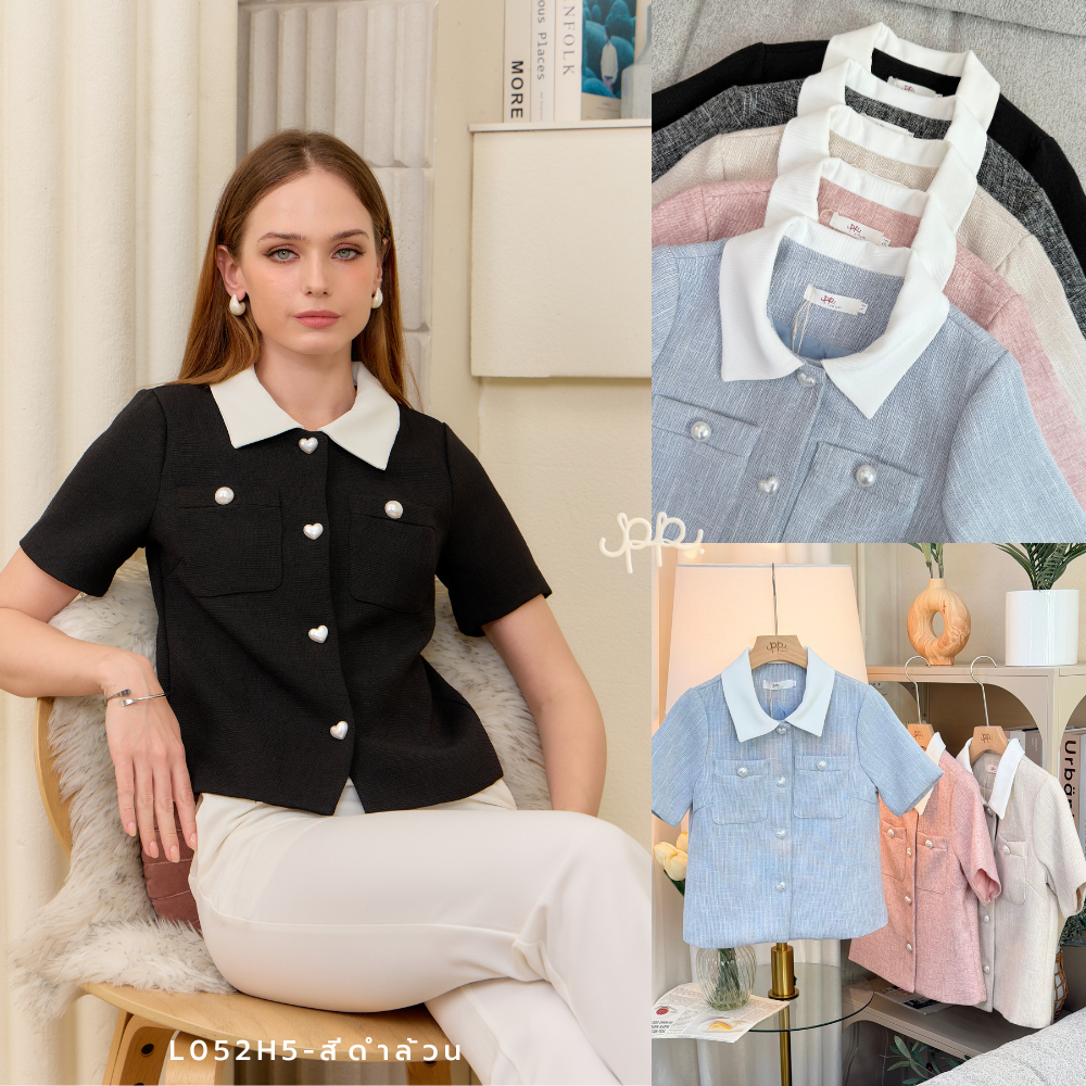 POI เสื้อคอปกแขนสั้นกระเป๋าหน้าคู่แต่งกระดุมมุก L052H5