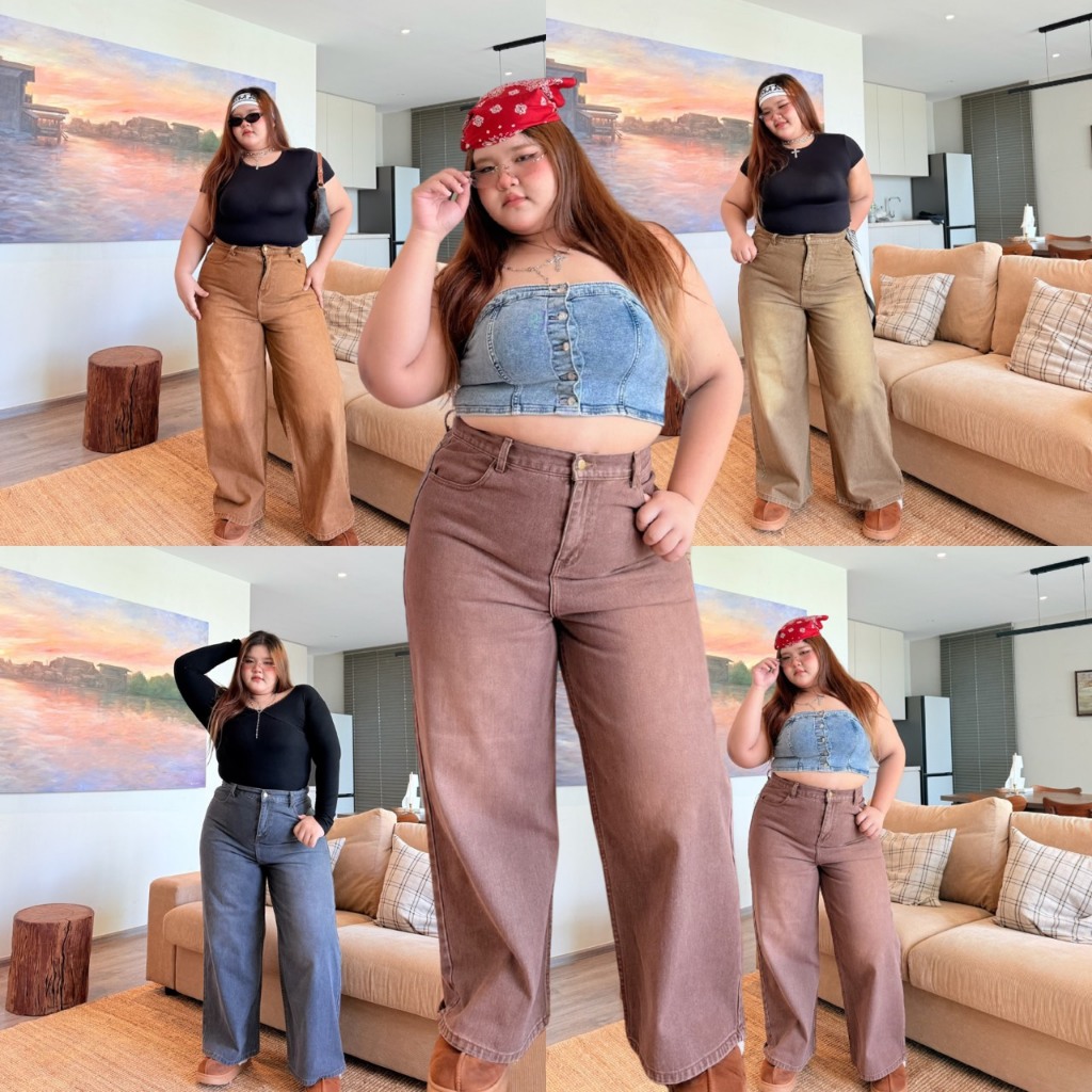 Moonjeans กางเกงยีนส์น้ำตาลเอวสูงทรงกระบอกกลางสาวอวบ ไซซ์ใหญ่ REGULAR JEANS รหัส 1919 ผ้ายีนส์แท้ 100% ย้