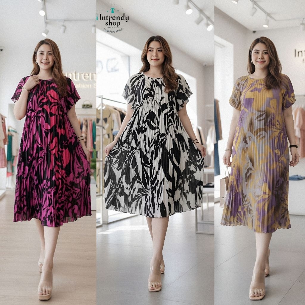 พร้อมส่ง.เดรสพลีทไหล่สโลปลายดอกสาวอวบ เป็นผ้าพลีทร่องใหญ่ B377 print { อก:36 - 50 นิ้ว }