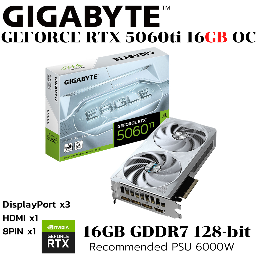 VGA (การ์ดแสดงผล) Gigabyte RTX 5060 Ti EAGLE ICE 16G OC GDDR7