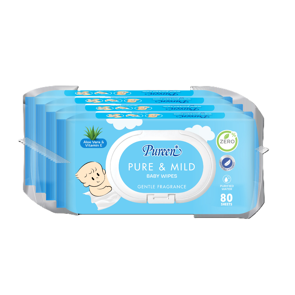 [แพ็ค 4 ห่อ] Pureen เพียวรีน เบบี้ไวพส์ สูตรเพียวแอนด์มายด์ 80 แผ่น ส่วนผสมอโรเวร่า และวิตามินอี มีกลิ่นหอม