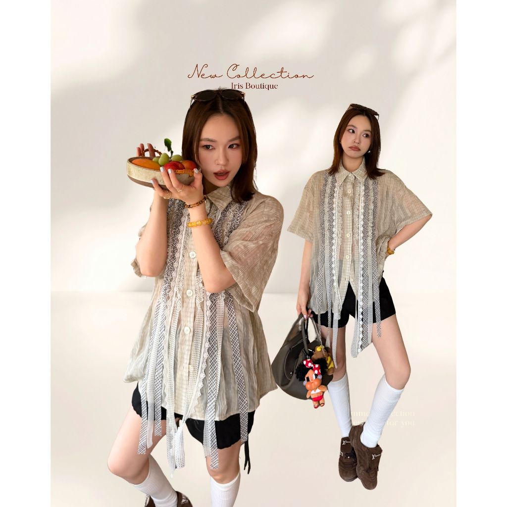 Original Design IRIS BOUTIQUE Summer 2 ISYT60 Lace Panel Stripe Shirt in Blue and Cream เสื้อเชิ้ตแขนสั้นดีไซน์แถบลูกไม้