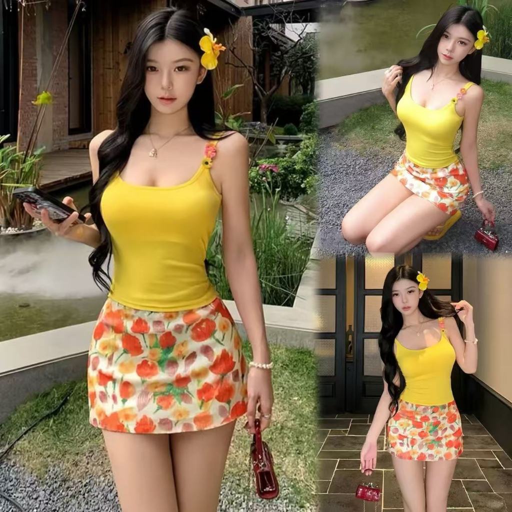 🌸Swift Bra🌸ชุดว่ายน้ำผู้หญิง ชุดว่ายน้ำ 2 ชิ้น ลายดอกเดซี่ เสื้อสายเดี่ยว รุ่นใหม่ summer beach