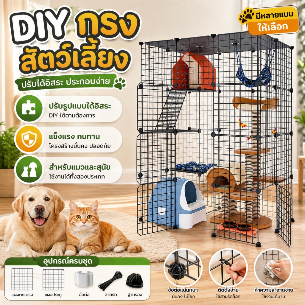 คอกกรงสัตว์เลี้ยงDIY กรงแมว คอกกรงแมวและสุนัข คอกสัตว์เลี้ยง กรงหมา ประกอบง่ายทนนานจัดเก็บสะดวก