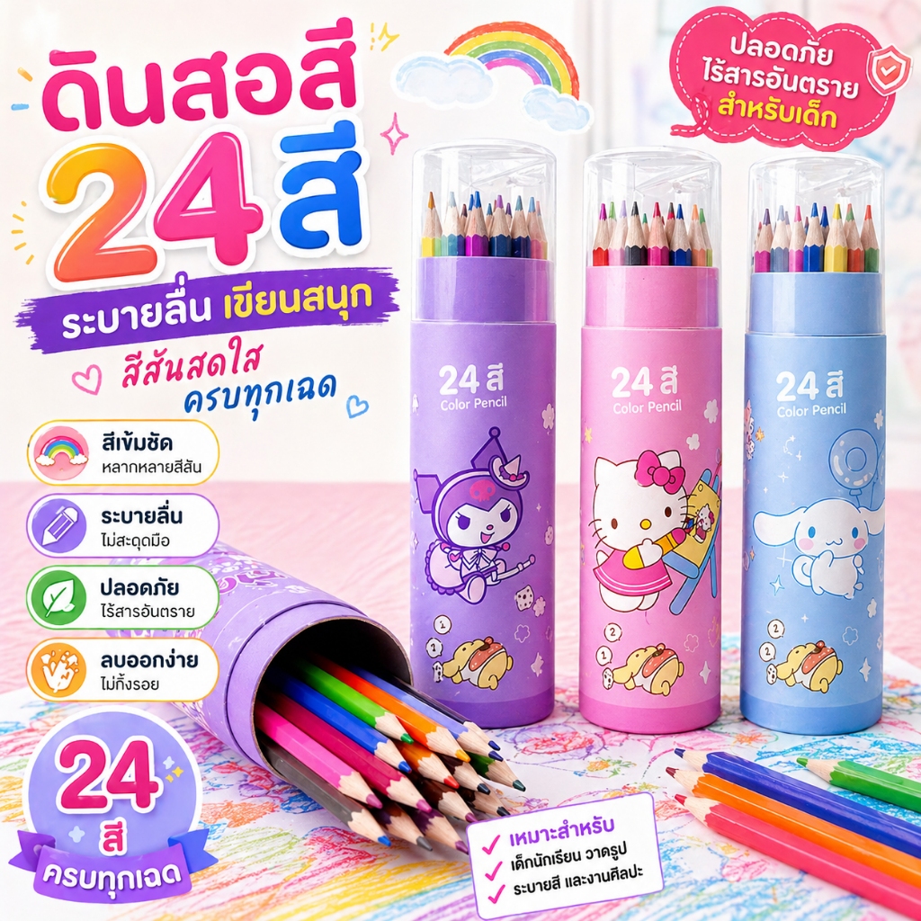 การ์ตูนน่ารัก สีไม้ ดินสอสี 12/24 สี พร้อมกบเหลา ลายการ์ตูน