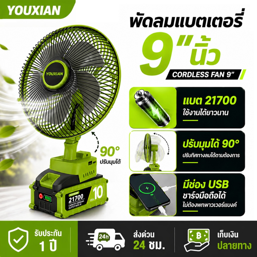 【พร้อมส่ง】YOUXIAN 21V พัดลมไร้สายแบบชาร์จได้ ขนาด 9 นิ้ว ลมแรง ปรับได้ 2 ระดับ แบตอึด ใช้งานได้นาน