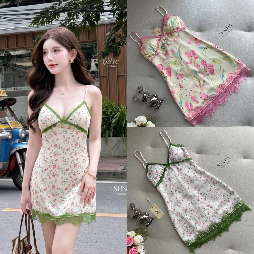 Sunida ชุดเดรสสีหลือง ลายดอกไม้พาสเทล เดรสสายเดี่ยวสายปรับระดับได้แต่ง detail ลูกไม้ตรงบริเวณหน้าอกและชายกระโปรง