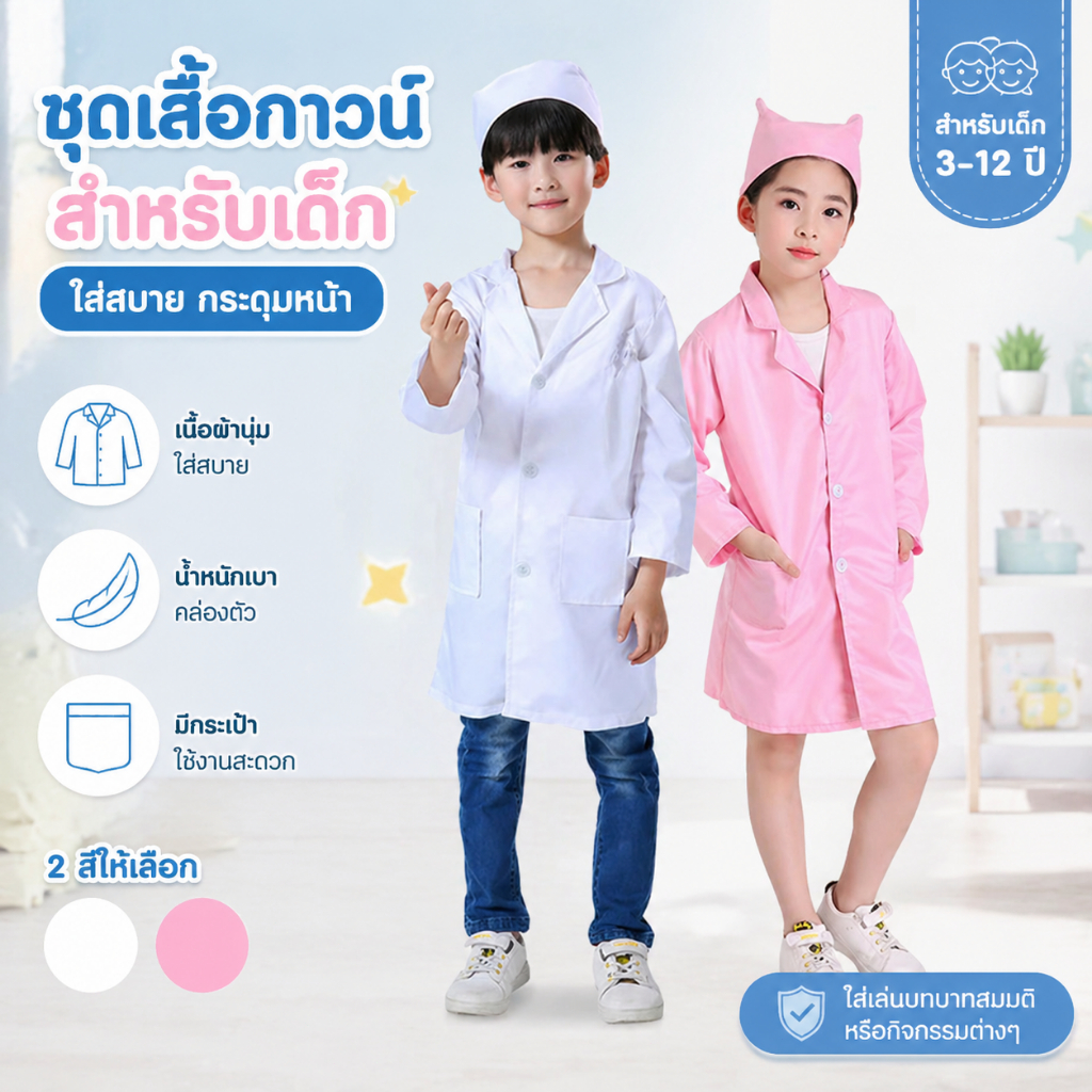 ชุดวิทยาศาสตร์เด็ก ชุดนักวิทย์ ชุดอาชีพเด็ก เสื้อนักวิทยาศาสตร์เด็ก ชุดกาวน์เด็ก เด็กชายและเด็กหญิง