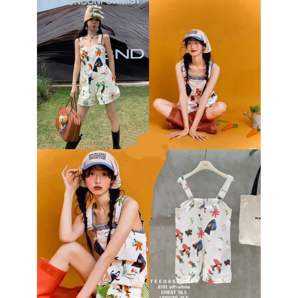 🏷️TEEDA🏷️เอี๊ยมกางเกงขาสั้นสีขาวพิมพ์ลายสดใสผ้ายีนส์ผสมคอตตอน สายปรับความยาวได้