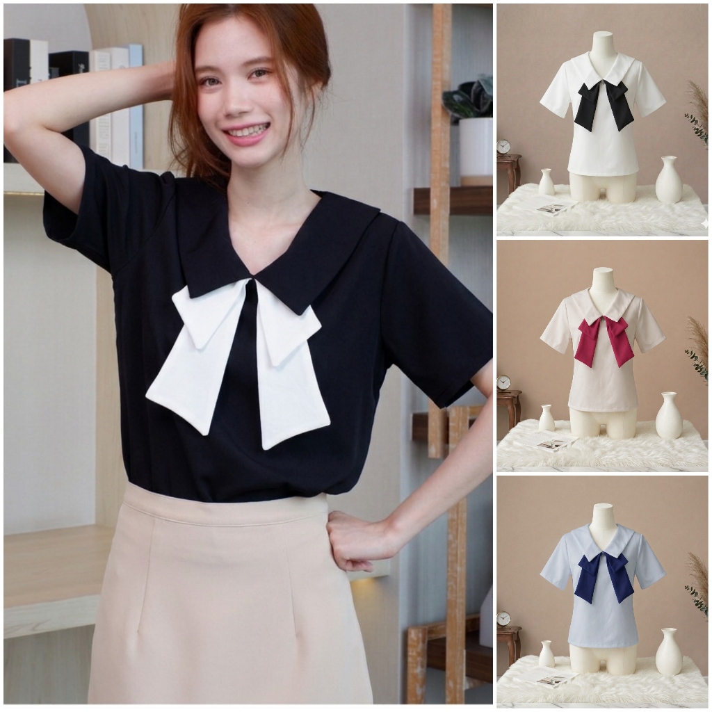 A23 เสื้อแขนสั้น คอปกสองชั้น แต่งริบบิ้นทูโทน แฟชั่น ชุดทำงาน สไตล์มินิมอล ร้าน Easter Egg