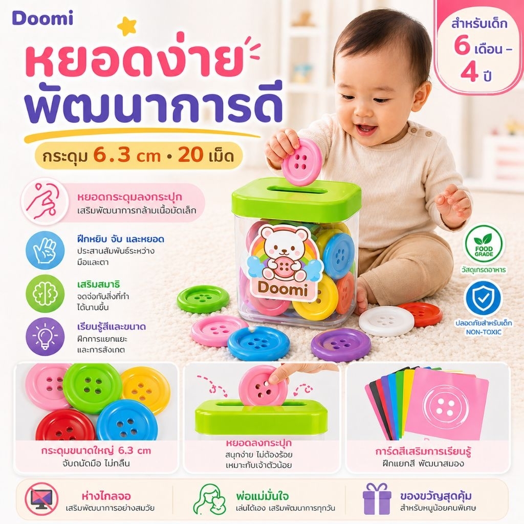ชุดคุ้มค่า🎀 Doomi กระดุมใหญ่พิเศษ 6.3 ซม. 20 เม็ด พร้อมเชือก5เส้นและการ์ดสี เสริมทักษะการเรียนรู้เด็ก
