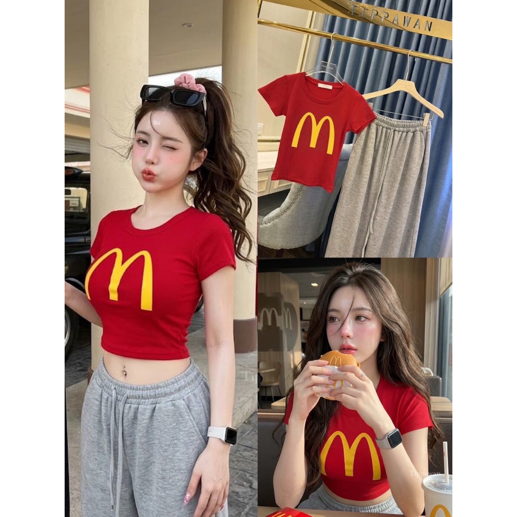 เสื้อยืดรีดตัวM สุดฮิต มาพร้อมกางเกงเอวสูงปริ๊ดขายาวใหญ่แดงเทา ตัดกันดีมาก