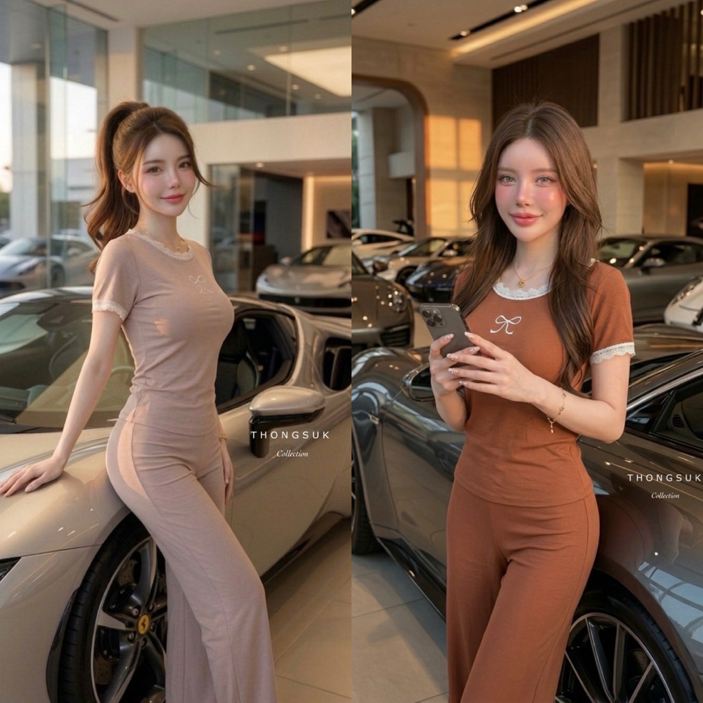 ป้ายTS(ทองสุข) RIBBON SET เซทคอกลมแขนสั้นแต่งลูกไม้ปักโบว์กับกางเกงขายาว