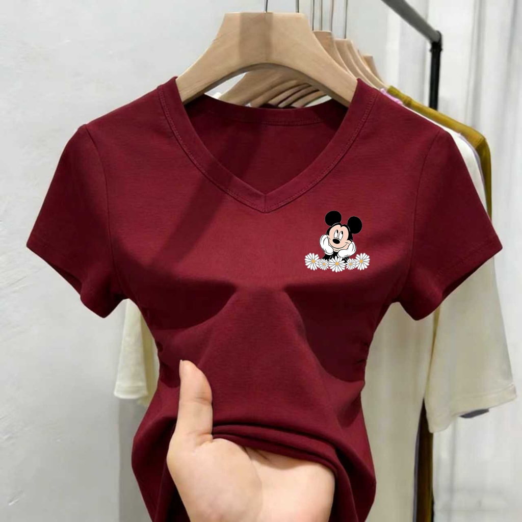 เสื้อยืดคอวีสไตล์เกาหลีสุดน่ารัก มีไซส์ M-3XL สำหรับผู้หญิง ลายมิกกี้เมาส์สุดน่ารัก จัดส่งรวดเร็ว