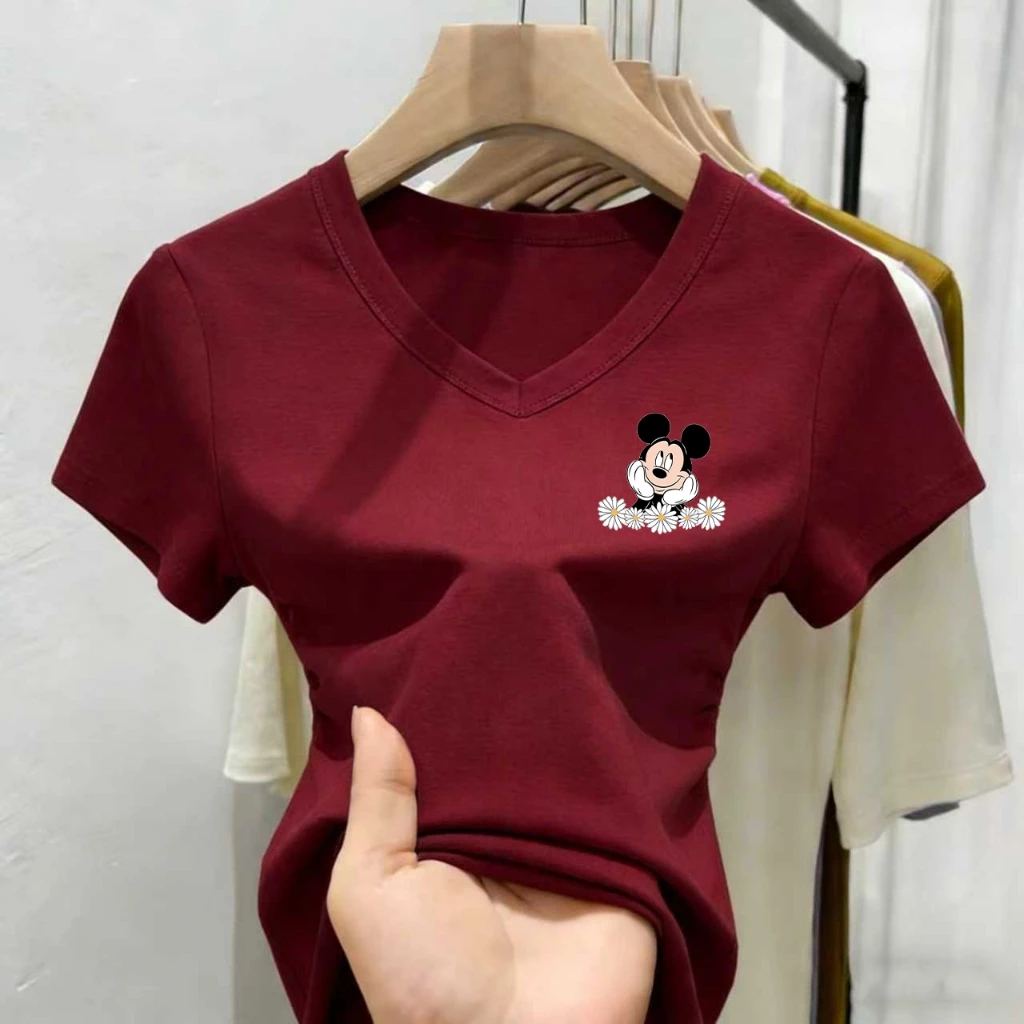 เสื้อยืดคอวีสไตล์เกาหลีสุดน่ารัก มีไซส์ M-3XL สำหรับผู้หญิง ลายมิกกี้เมาส์สุดน่ารัก จัดส่งรวดเร็ว