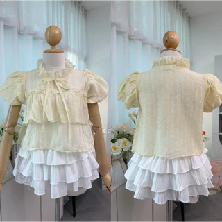 (อก28-34) เสื้อคอผูกโบว์แขนบอลลูนผ้าโรซี่ เสื้อแขนบอลลูน ใส่แล้วดูน่ารักลูกคุณหนูมาก