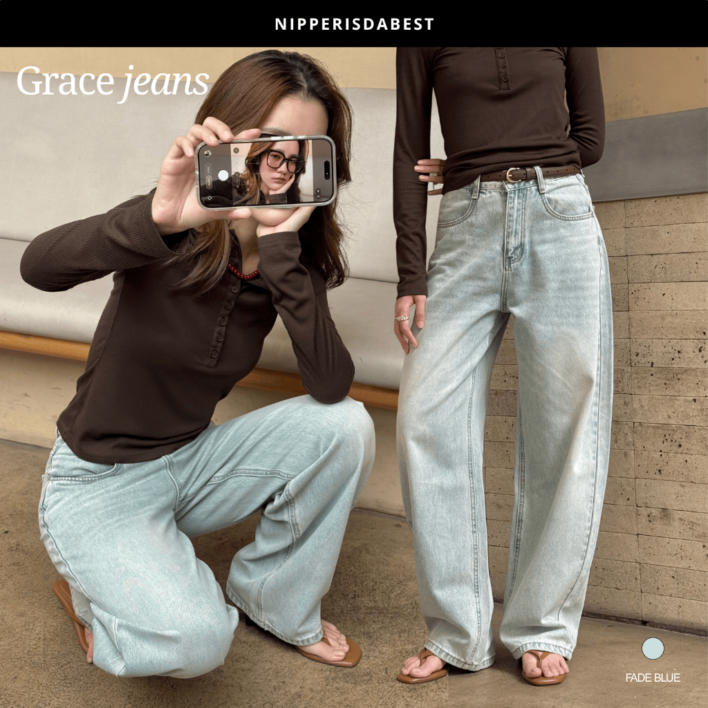 NIPPERISDABEST กางเกงยีนส์รุ่น Grace Jeans ทรง barrel สียีนส์อ่อน #NPJ706